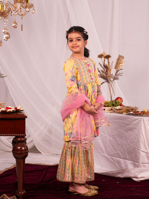 Girl's' Yellow Kurta And Sharara Set